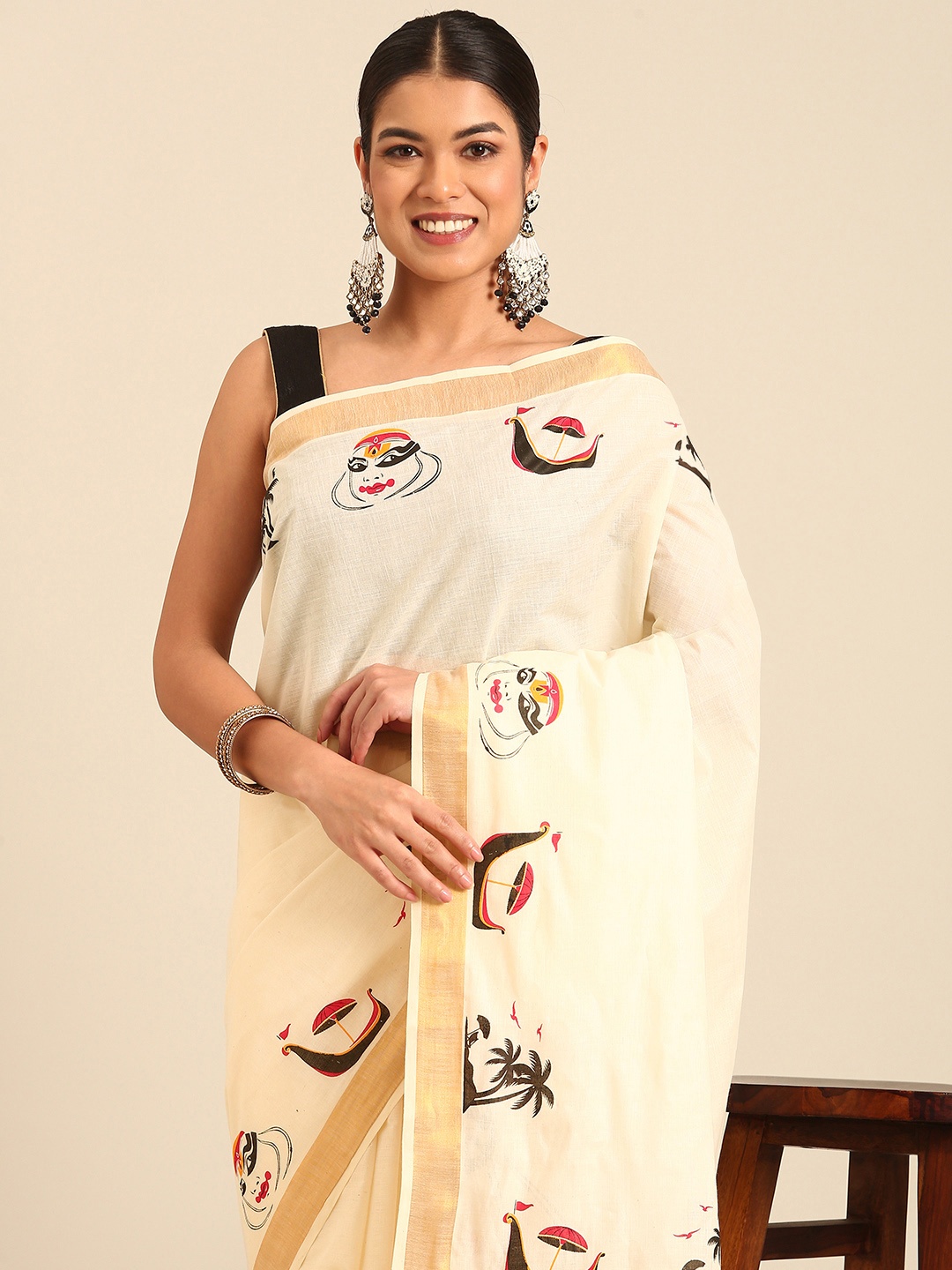 

Kalyan Silks Ethnic Motifs Zari Kasavu Saree, Cream