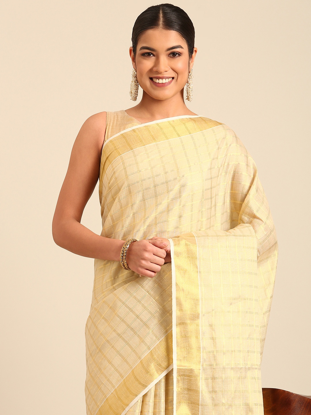 

Kalyan Silks Checked Zari Kasavu Saree, Cream