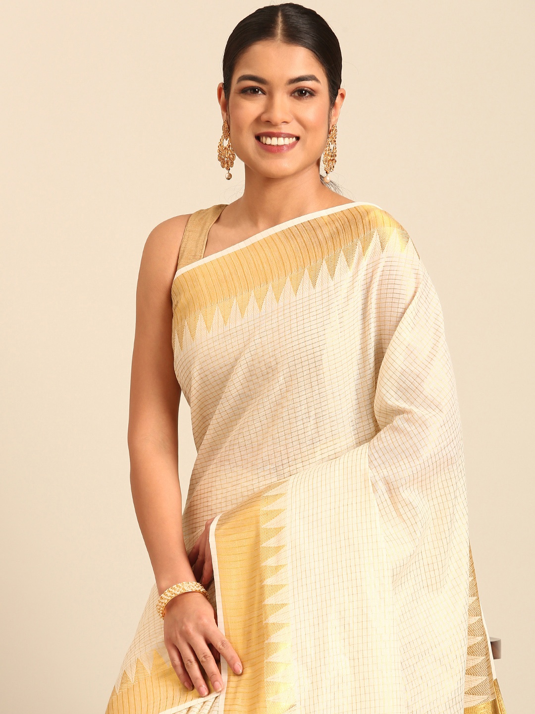 

Kalyan Silks Checked Zari Kasavu Saree, Cream