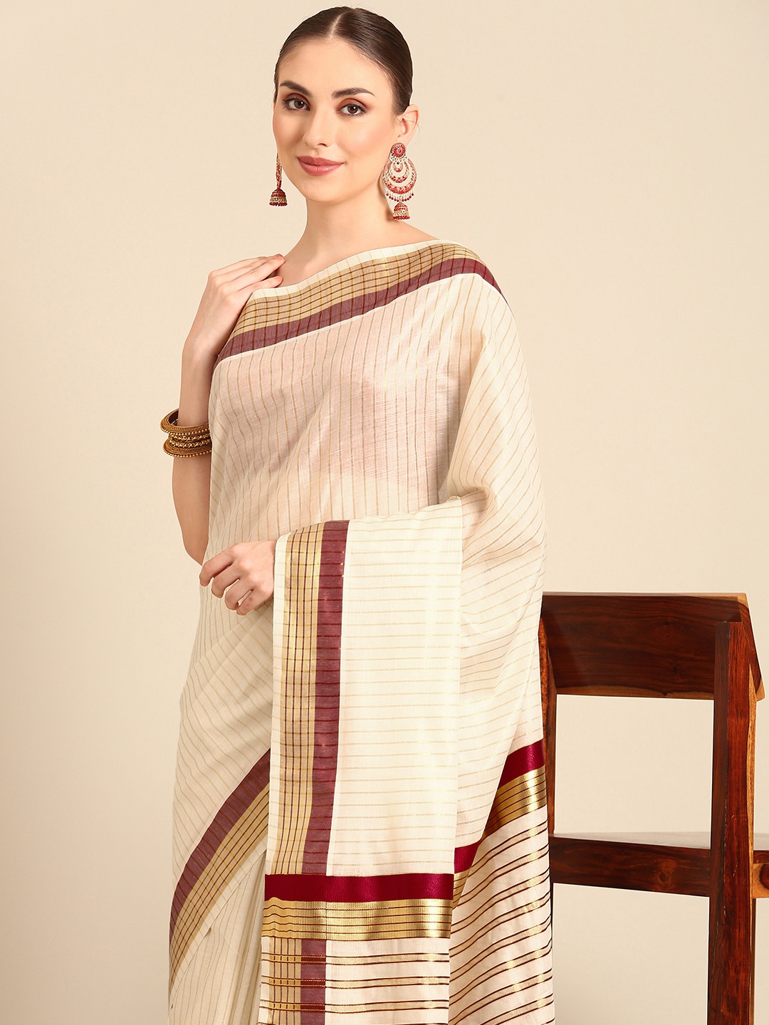 

Kalyan Silks Striped Zari Kasavu Saree, Cream