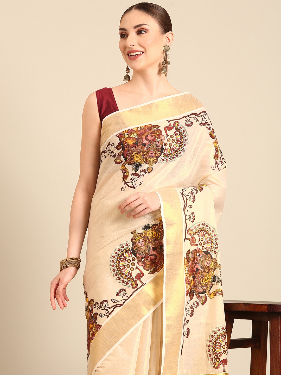 

Kalyan Silks Ethnic Motifs Zari Kasavu Saree, Cream