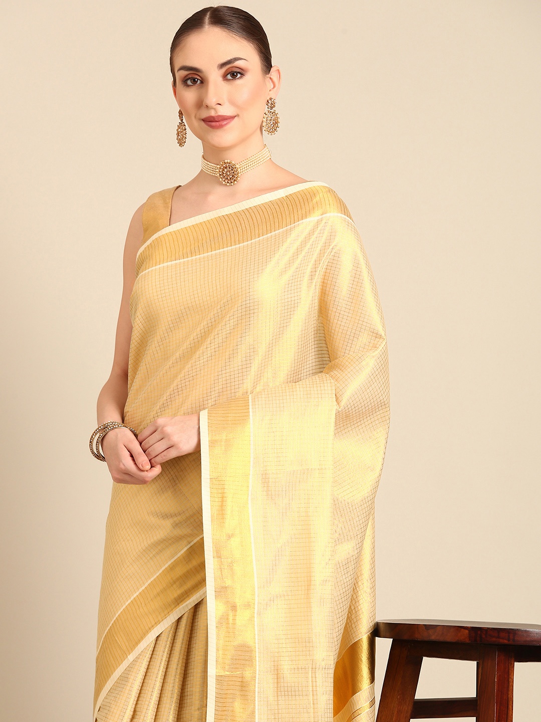 

Kalyan Silks Checked Zari Kasavu Saree, Cream