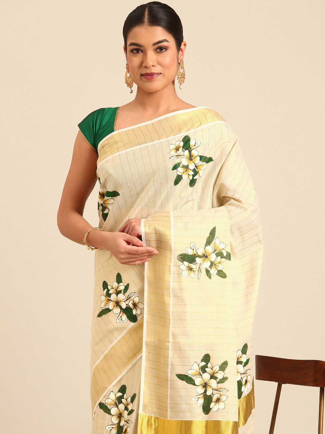 

Kalyan Silks Floral Printed Zari Kasavu Saree, Cream