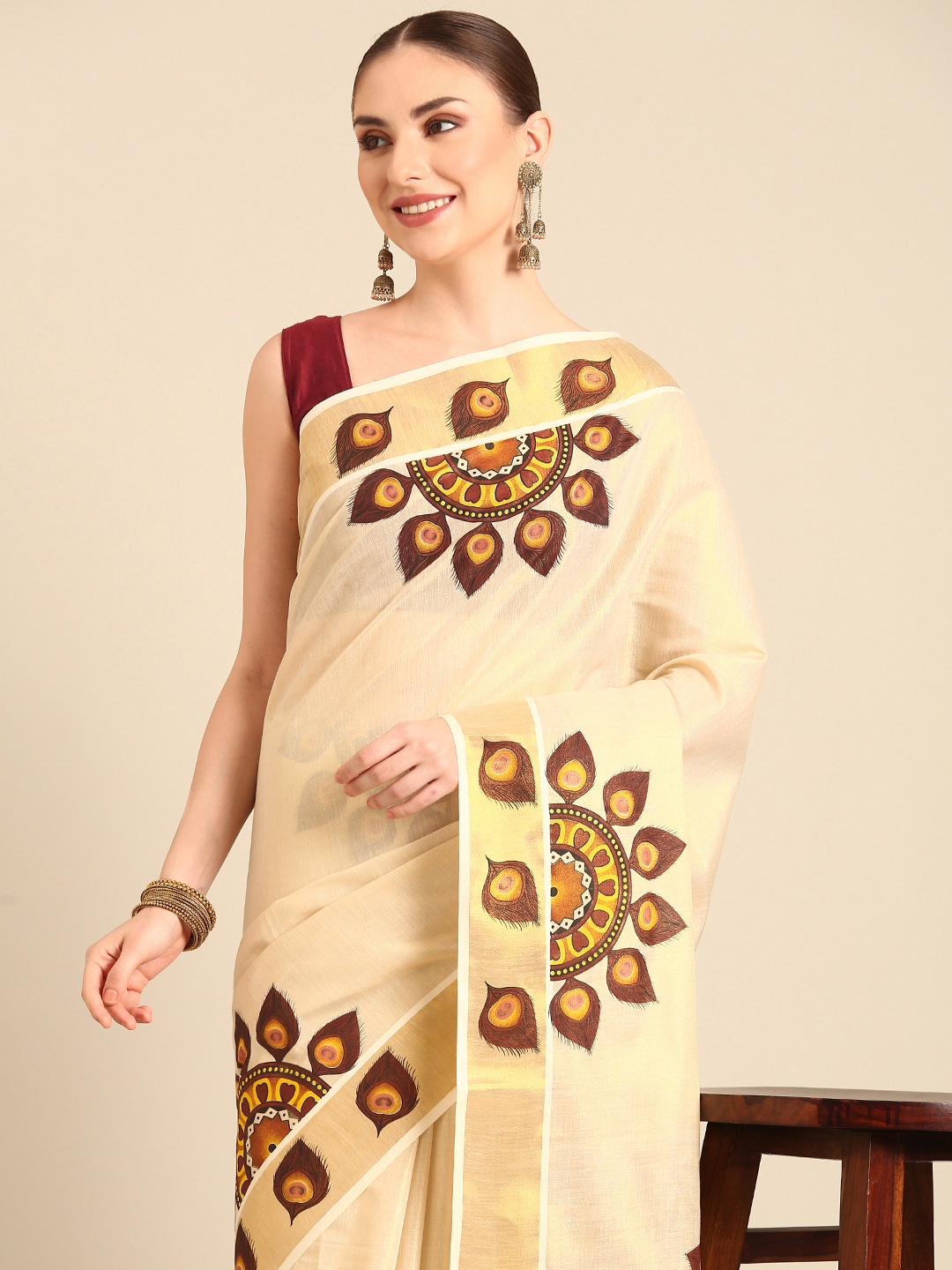 

Kalyan Silks Ethnic Motifs Zari Kasavu Saree, Cream