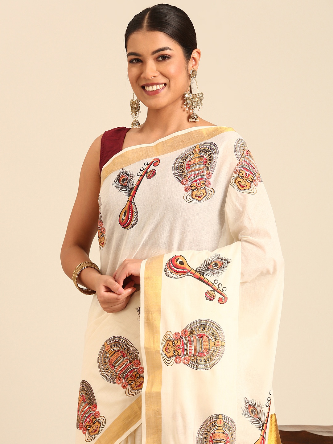 

Kalyan Silks Ethnic Motifs Zari Kasavu Saree, Cream