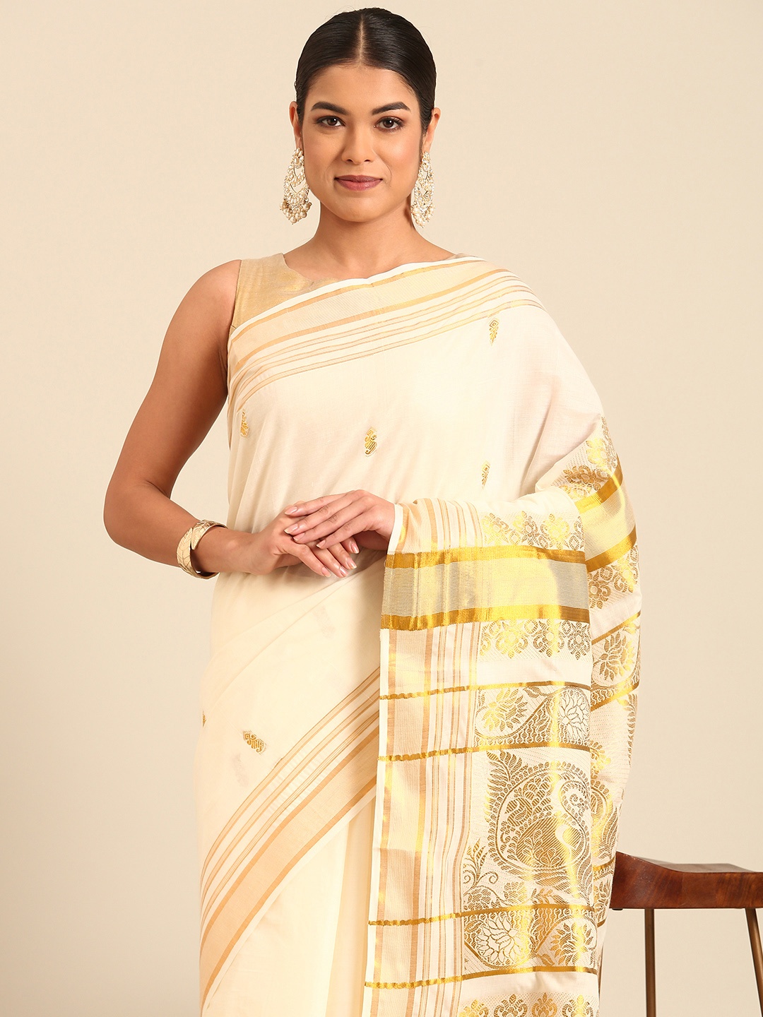 

Kalyan Silks Ethnic Motifs Zari Kasavu Saree, Cream