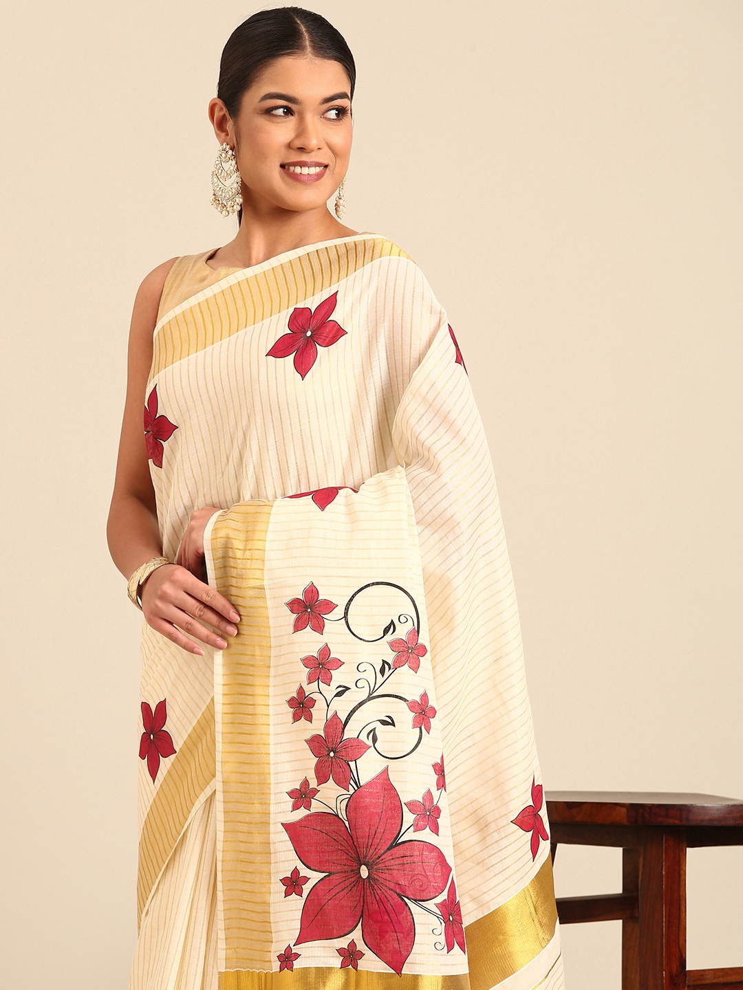 

Kalyan Silks Floral Zari Kasavu Saree, Cream