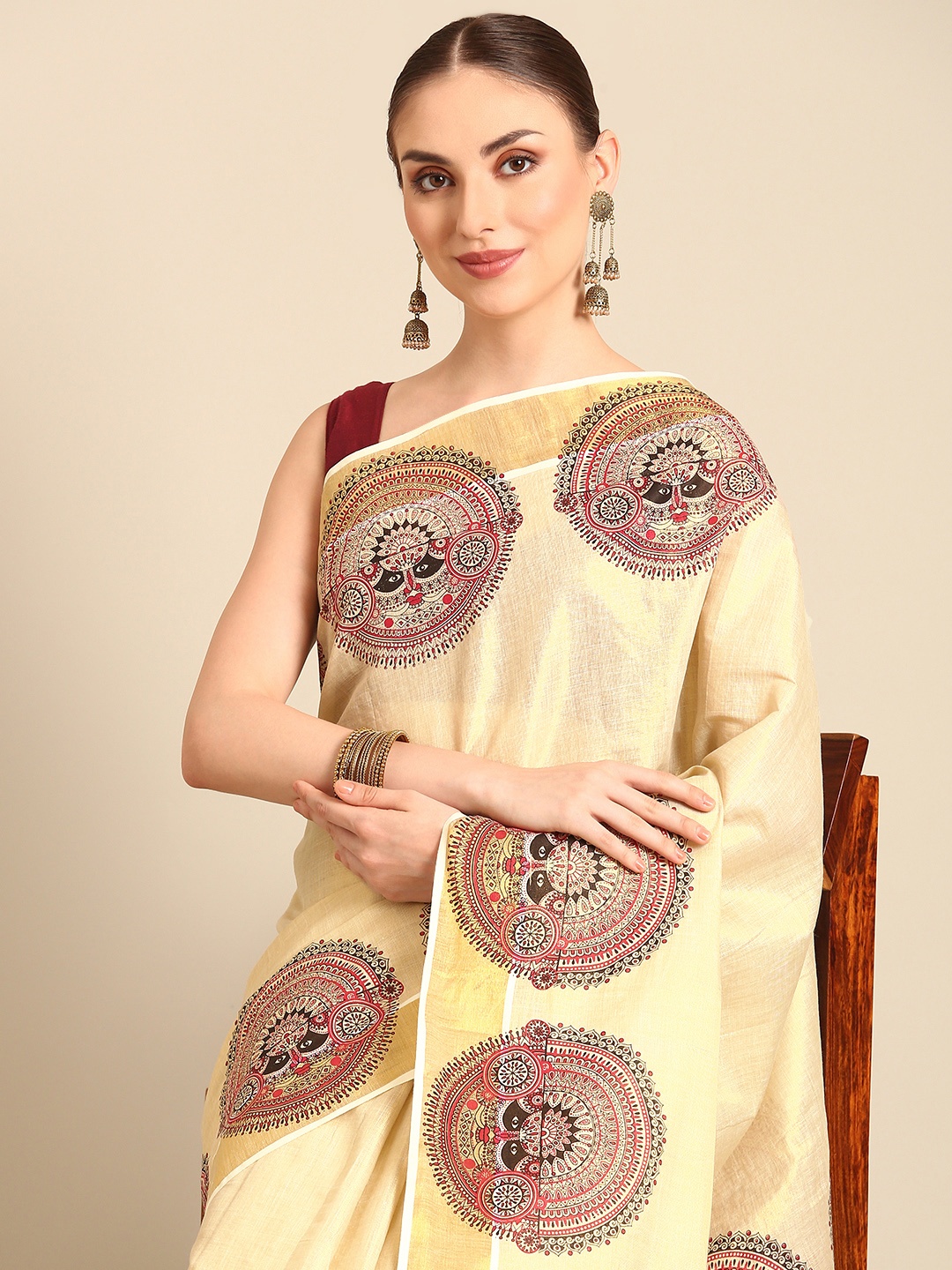 

Kalyan Silks Ethnic Motifs Zari Kasavu Saree, Cream