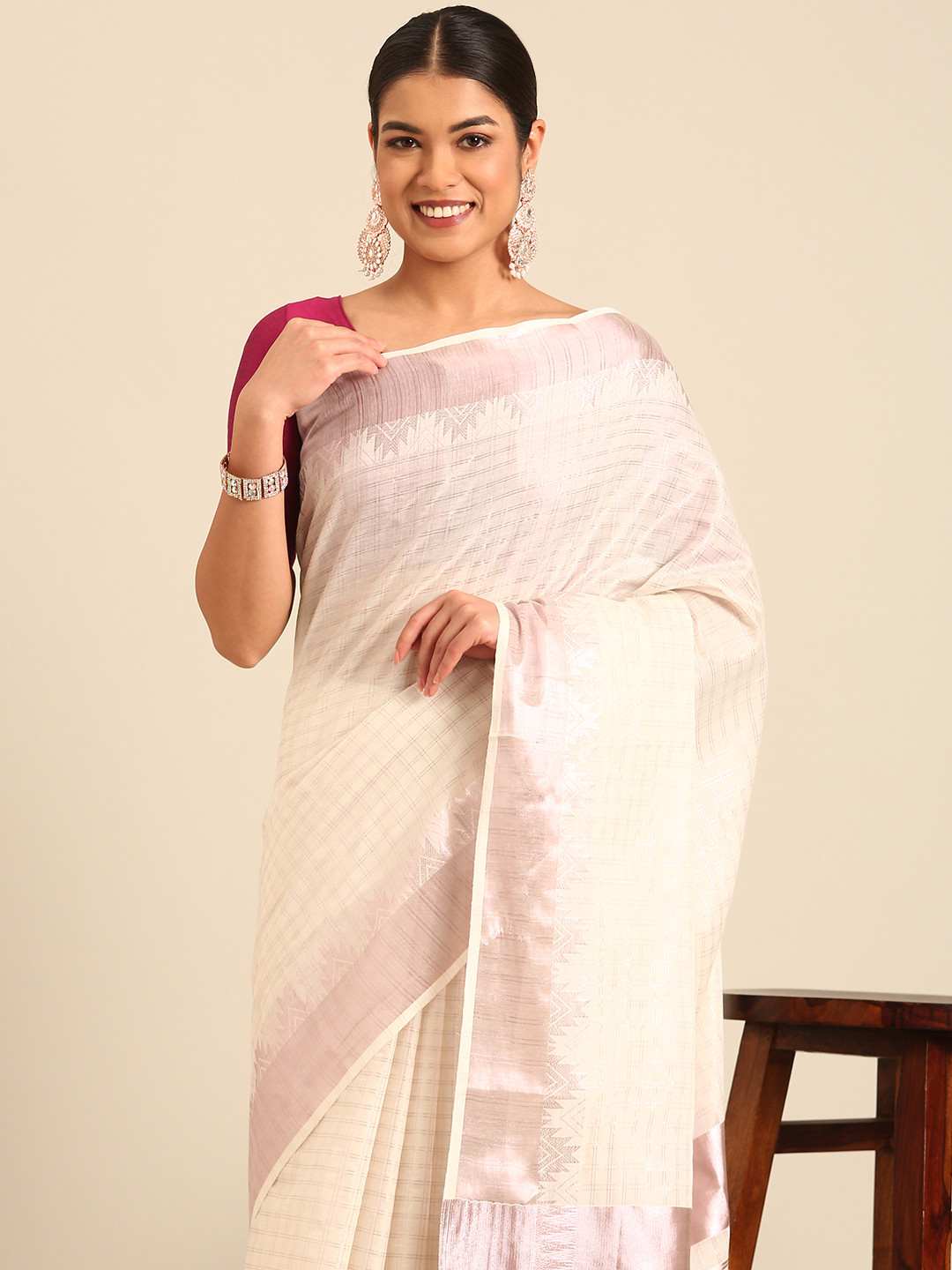 

Kalyan Silks Checked Zari Kasavu Saree, Cream