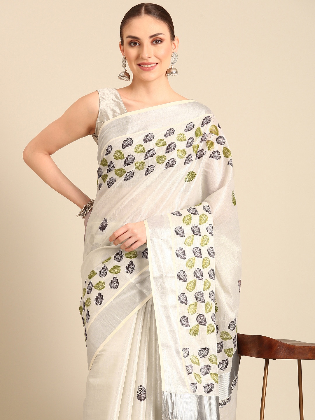 

Kalyan Silks Floral Zari Kasavu Saree, Cream
