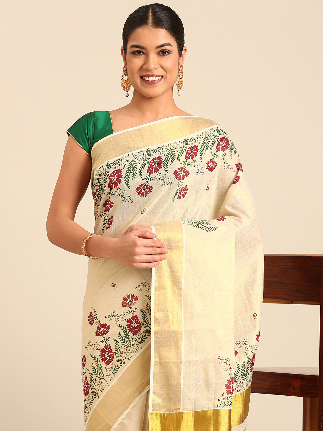

Kalyan Silks Floral Zari Kasavu Saree, Cream