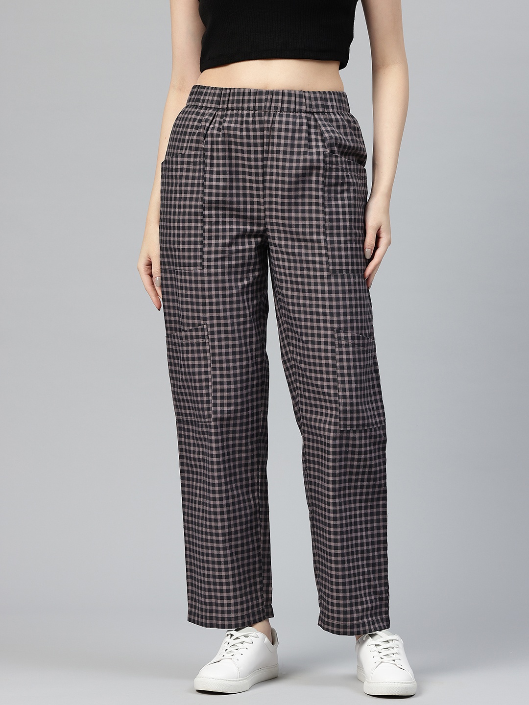 

Popnetic Checked High-Rise Pleated Cargos, Black