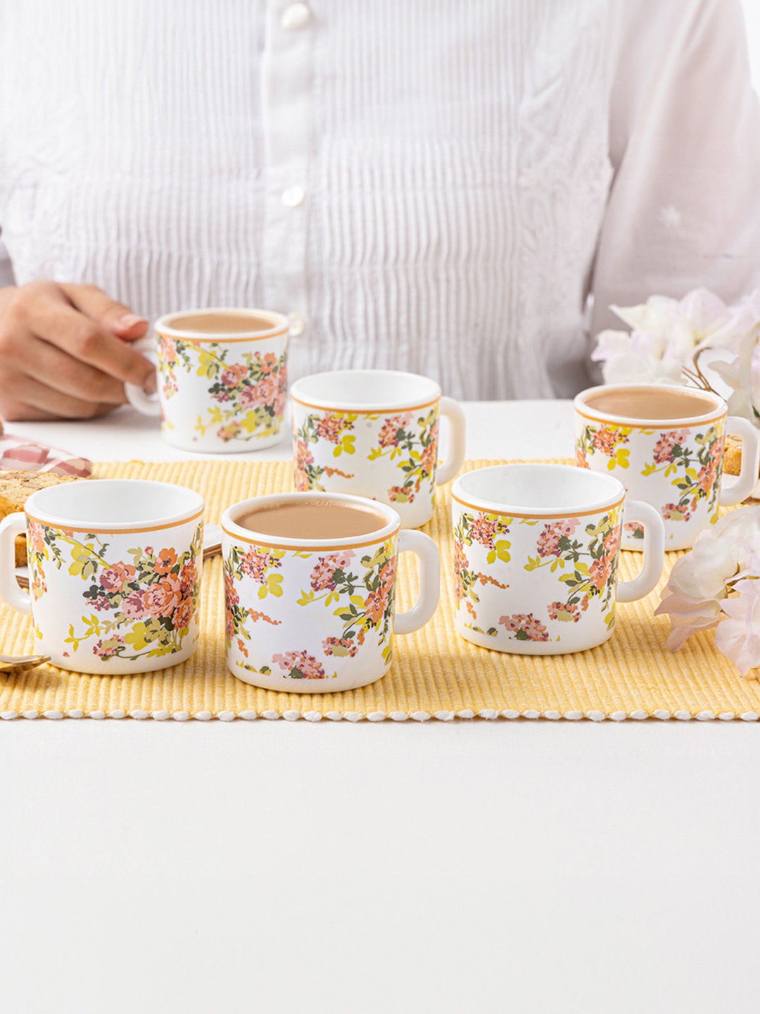

Larah by BOROSIL Premia Series Amora White 6 Pcs Floral Printed Opalware Cups 100 ml Each