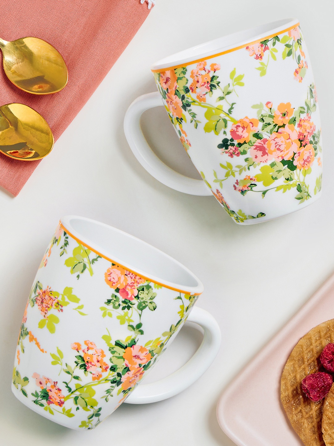 

Larah by BOROSIL Premia Series Amora White 2 Pcs Floral Printed Opalware Mugs 390ml Each