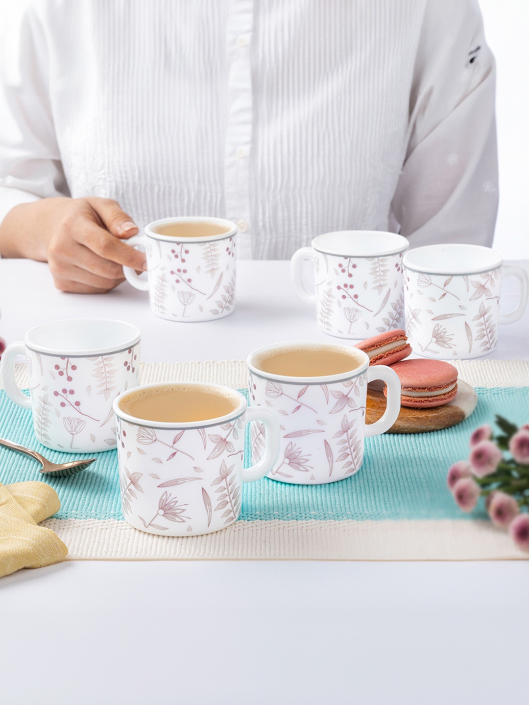 

Larah by BOROSIL Premia Series Grandeur White 6Pcs Printed Opalware Mugs 180ml Each
