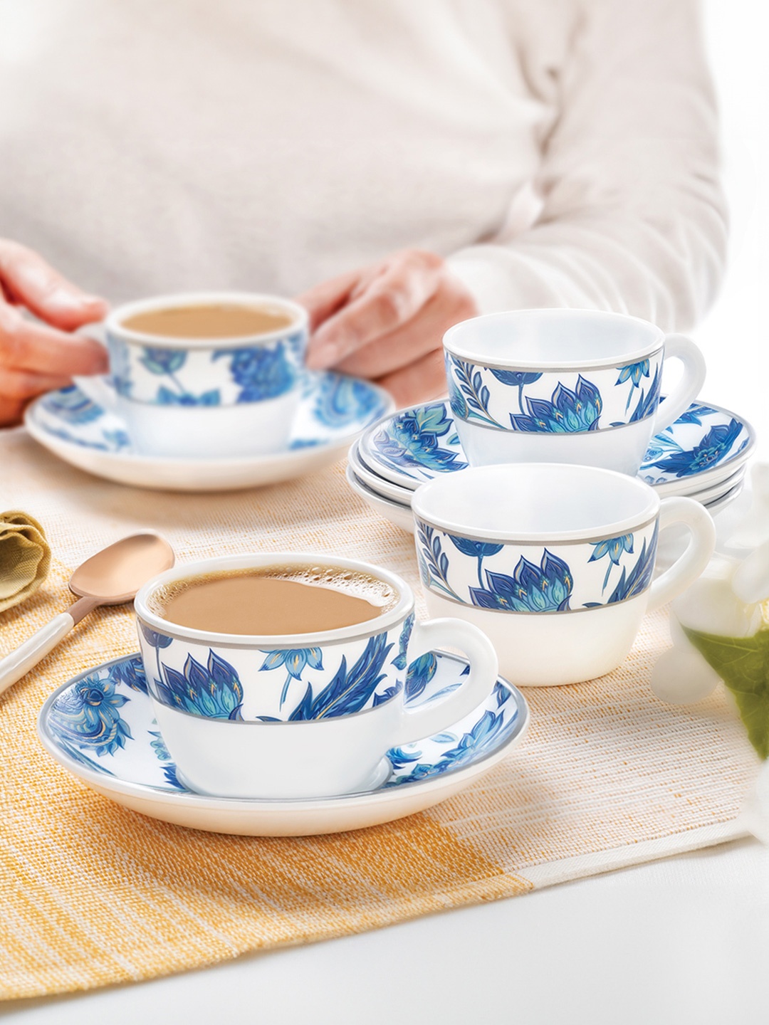 

Larah by BOROSIL Premia Series New Iris White 12pc Floral Printed Cup & Saucer 140ml Each