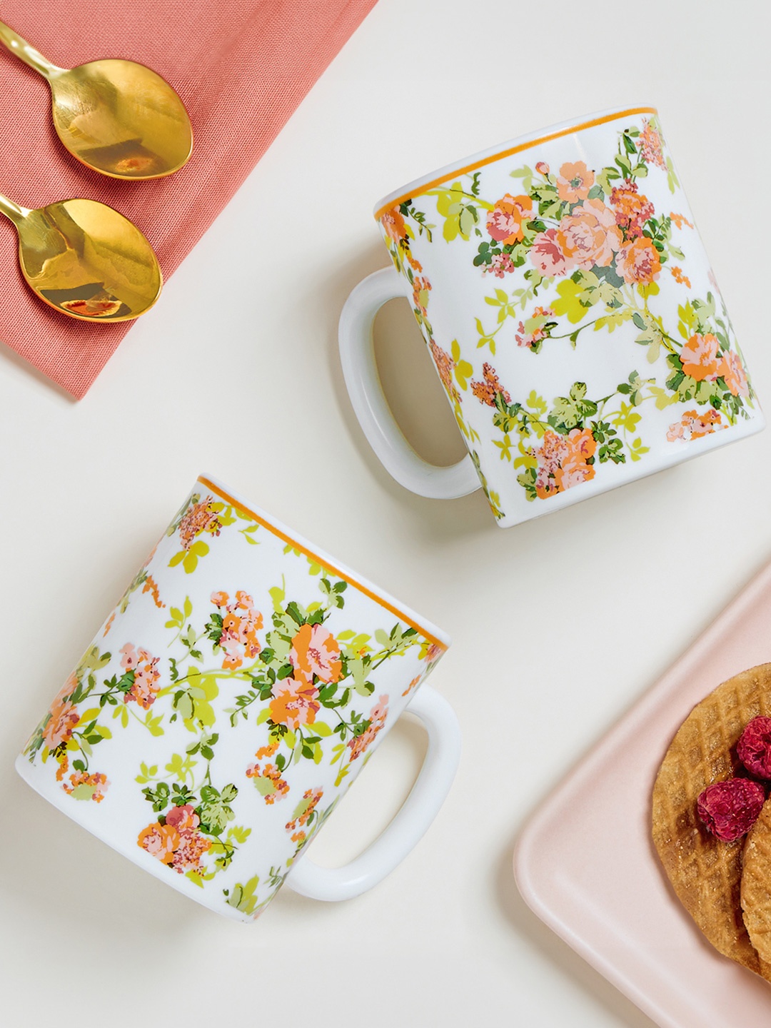 

Larah by BOROSIL Premia Series Amora White & Green 2 Pcs Floral Printed Mugs 320 ml Each