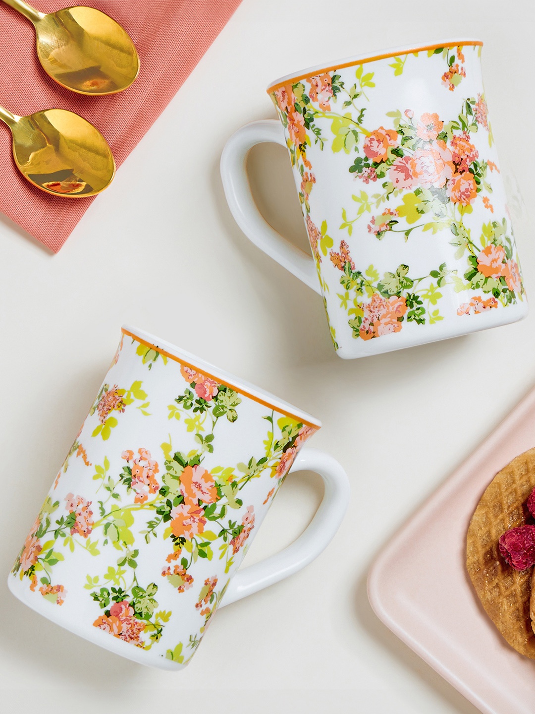 

Larah by BOROSIL Premia Series Amora White & Green 2 Pcs Floral Printed Mugs 350 ml Each