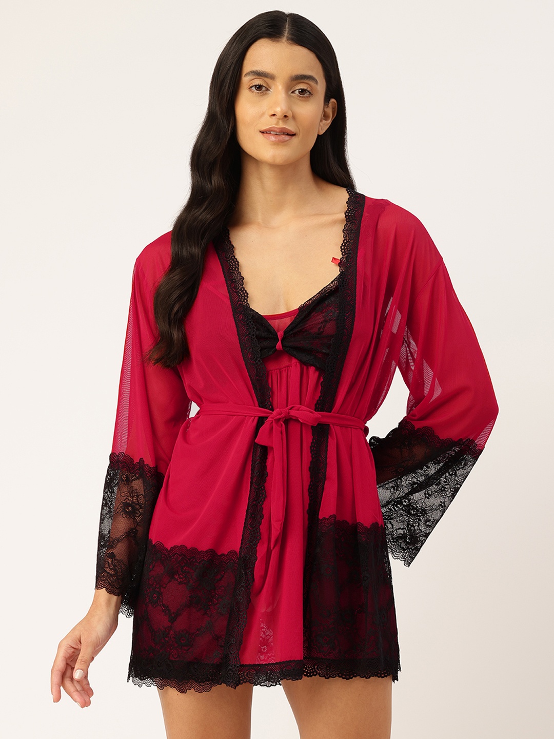 

Ms.Lingies Net Baby Doll With Robe & Thongs, Red