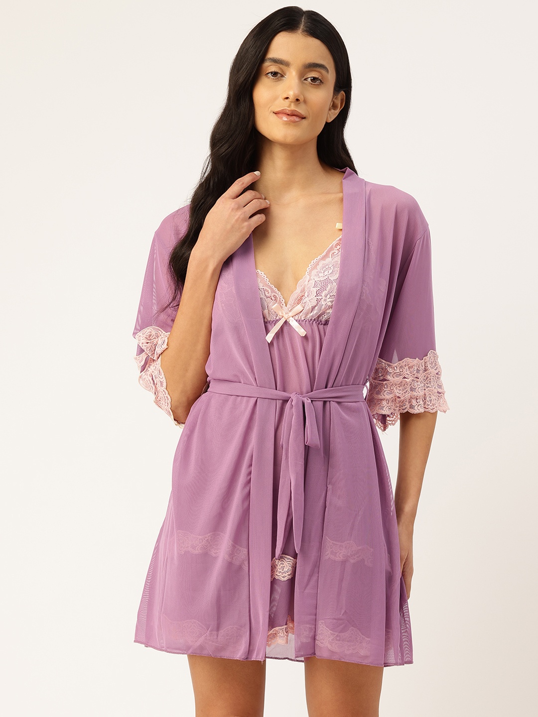 

Ms.Lingies Net Baby Doll with Robe & Thongs, Purple