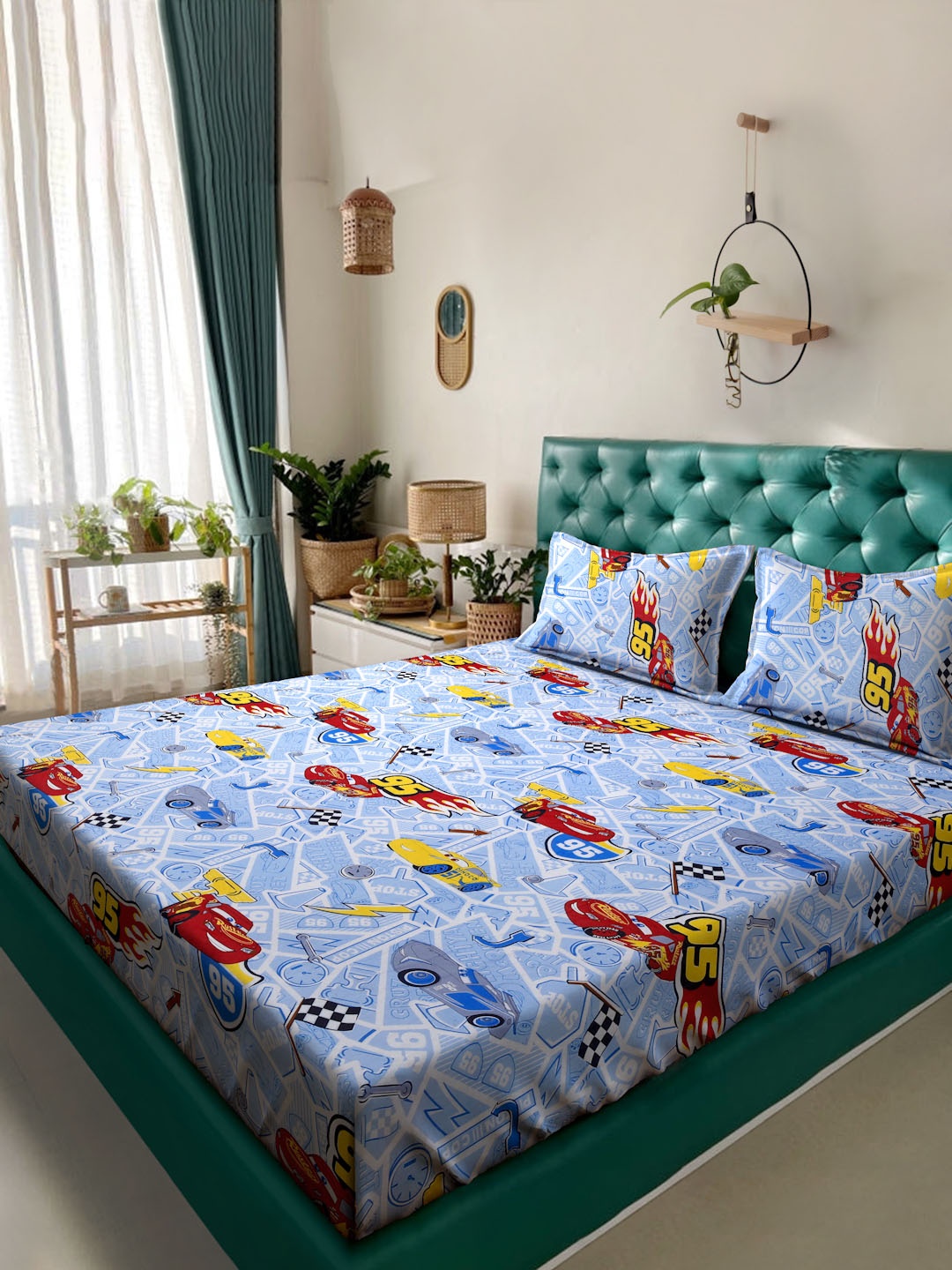 

KLOTTHE Blue & Red Printed 400 TC Pure Cotton Fitted Double King Bedsheet Set