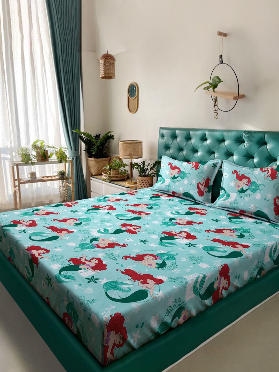 

KLOTTHE Turquoise Blue Printed 400 TC Pure Cotton Fitted Double King Bedsheet Set