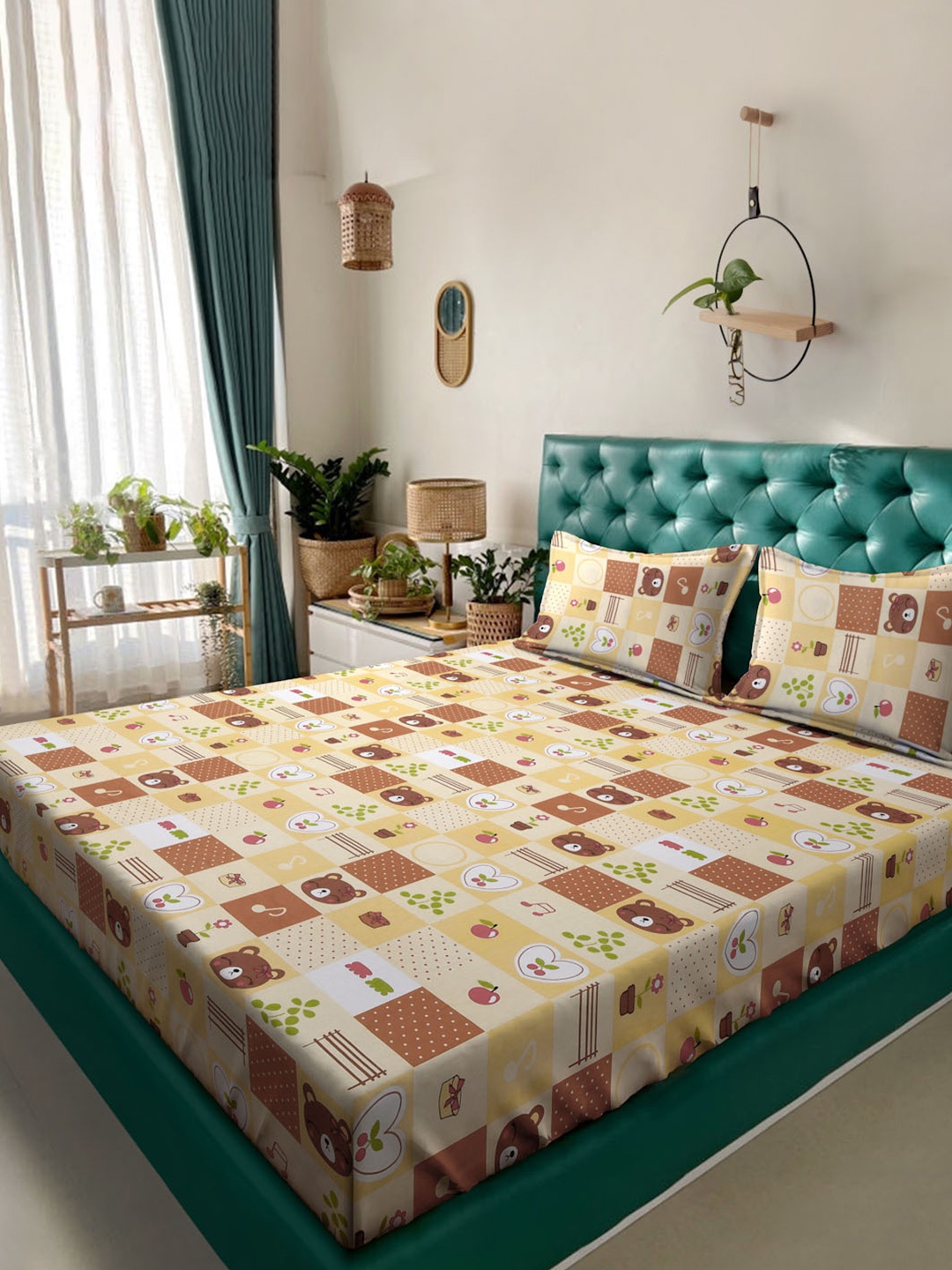 

KLOTTHE Yellow Printed 400TC Pure Cotton Fitted Double King Bedsheet & 2 Pillow Covers