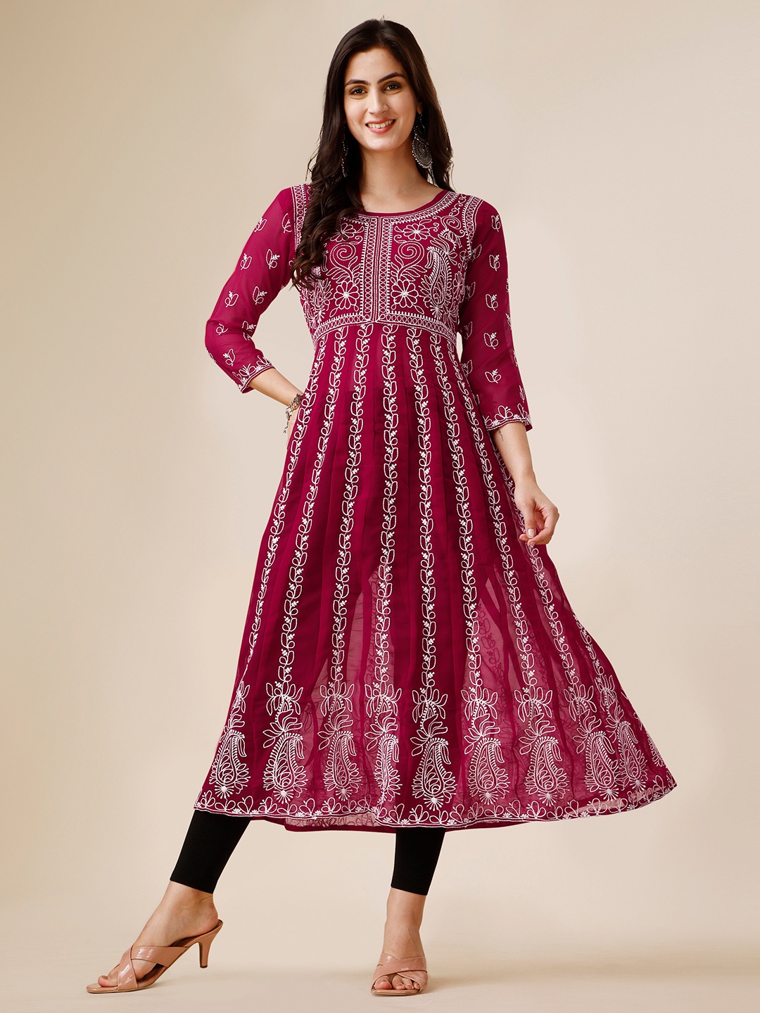 

KALINI Floral Embroidered Round Chikankari Georgette Anarkali Kurta, Maroon