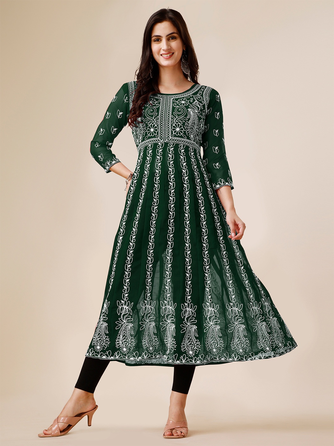 

KALINI Ethnic Motifs Embroidered Thread Work Georgette Anarkali Kurta, Green