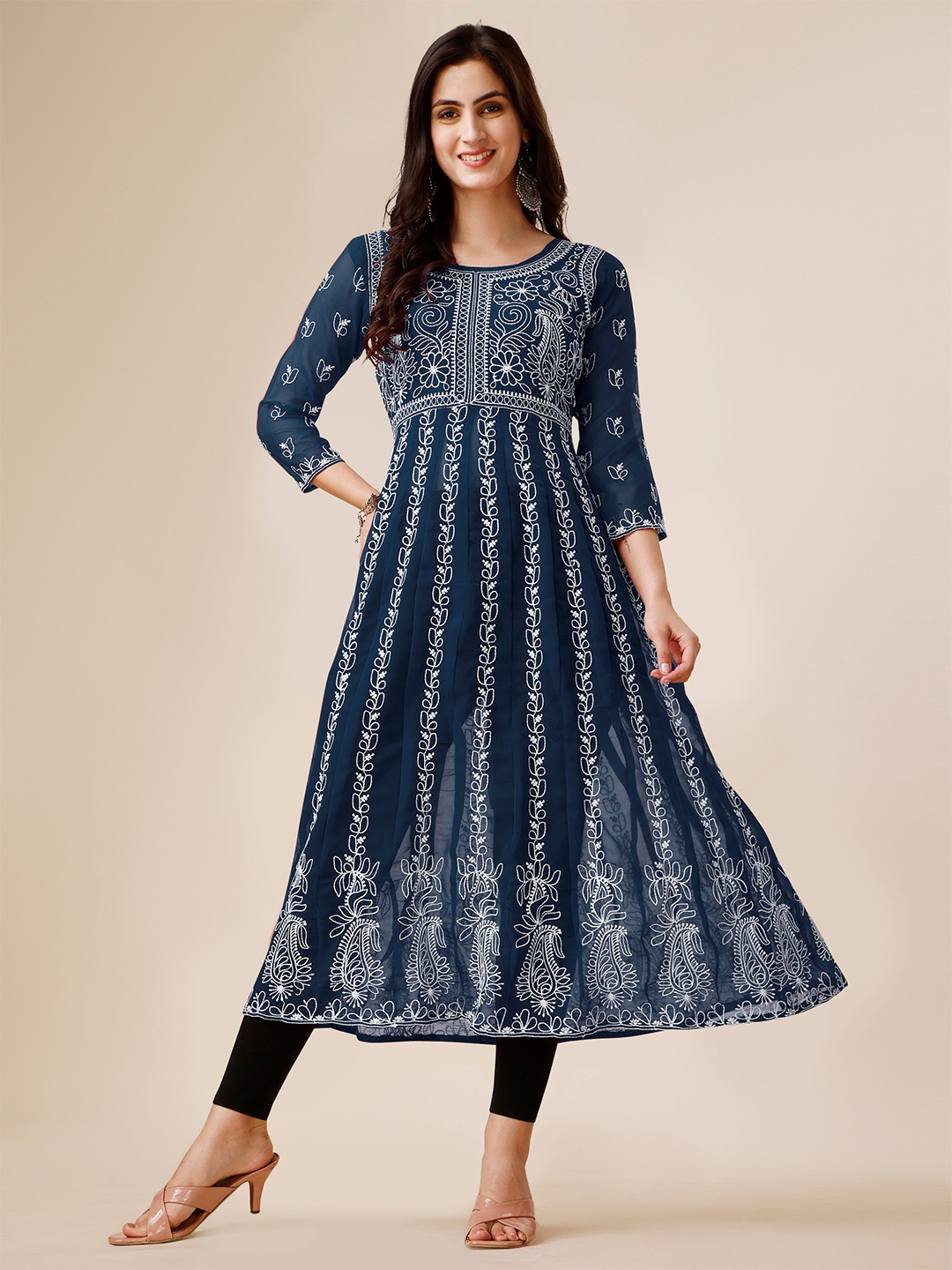 

KALINI Ethnic Motifs Embroidered Thread Work Georgette Anarkali Kurta, Navy blue