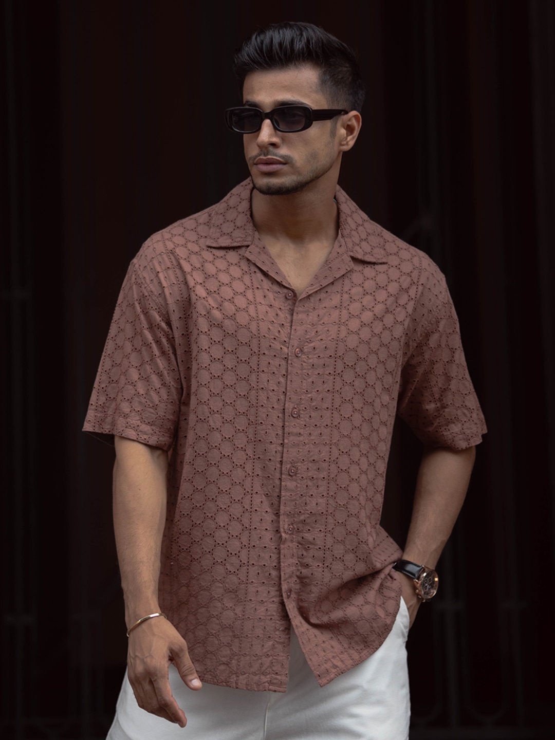 

Powerlook Men Geometric Printed Spread Collar India Slim Casual Shirt, Brown