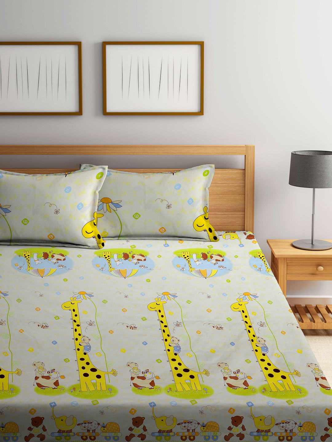 

FABINALIV White & Yellow Graphic 300 TC King Bedsheet With 2 Pillow Covers