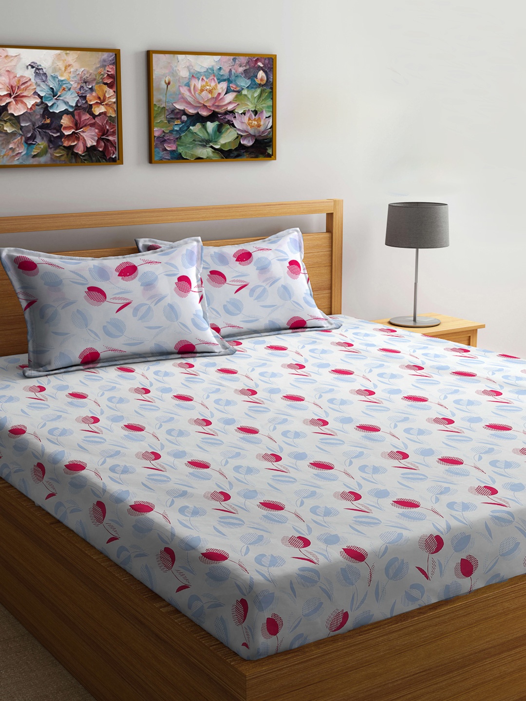 

FABINALIV White & Pink Floral 300 TC King Bedsheet With 2 Pillow Covers