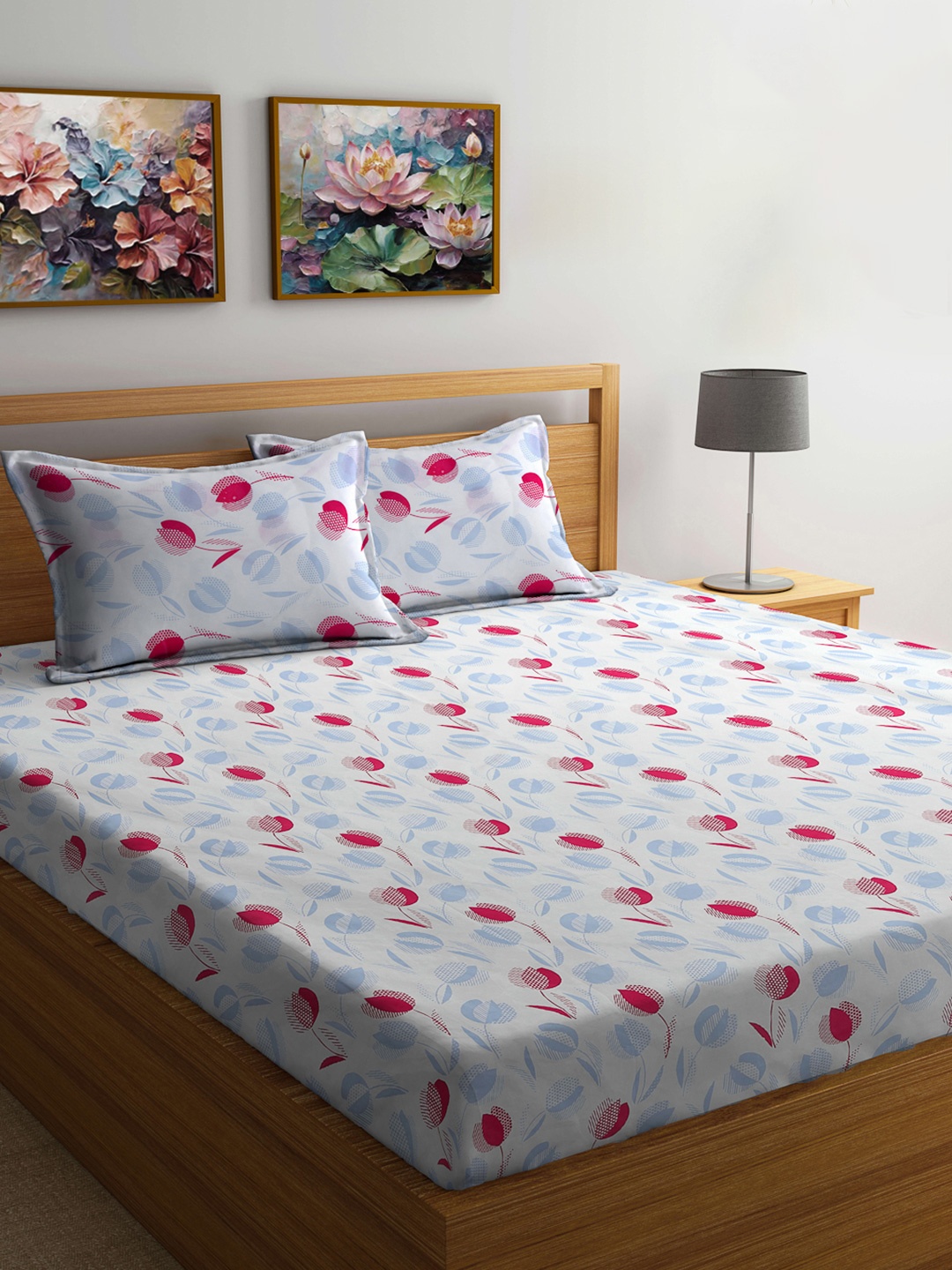 

FABINALIV White & Blue Floral 300 TC King Bedsheet With 2 Pillow Covers