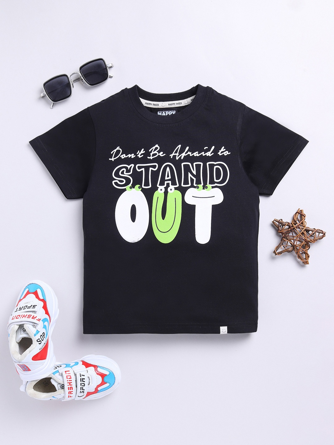 Happy Faces Boys Pure Cotton Typography Printed T-shirt, Black