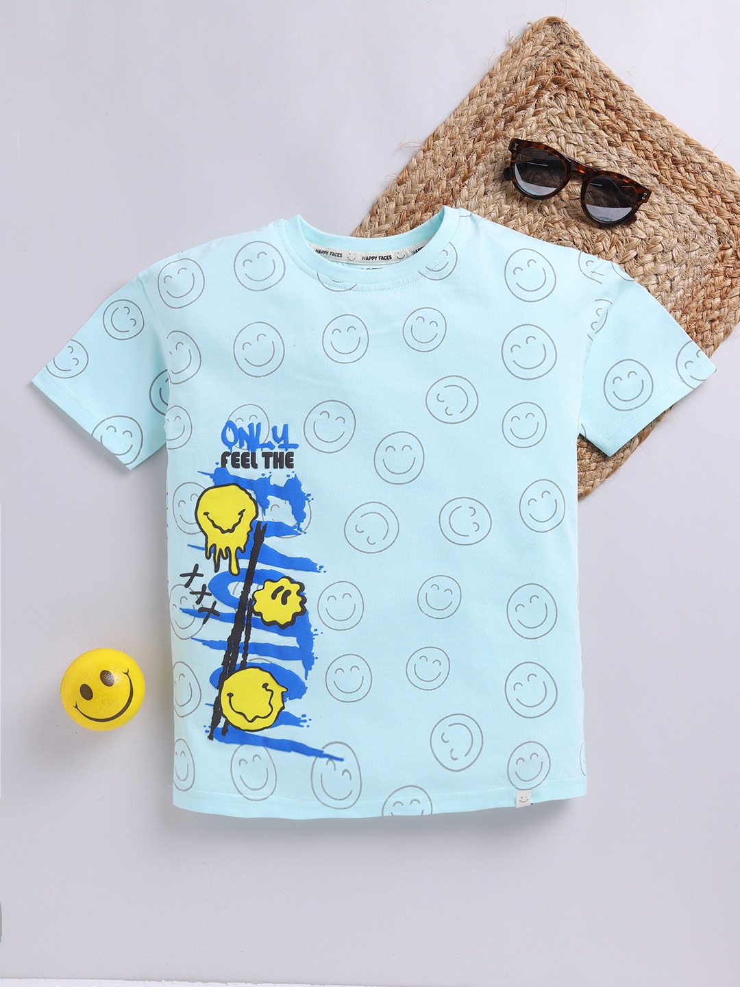 

Happy Faces Boys Pure Cotton Typography Printed T-shirt, Blue