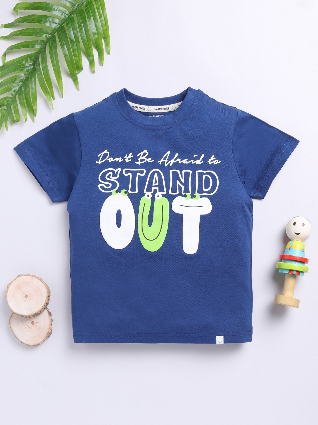 

Happy Faces Boys Pure Cotton Typography Printed T-shirt, Navy blue