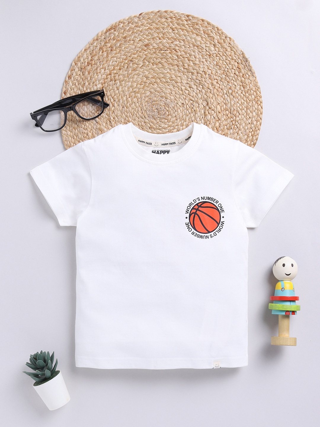 

Happy Faces Boys Pure Cotton Graphic Printed T-shirt, White