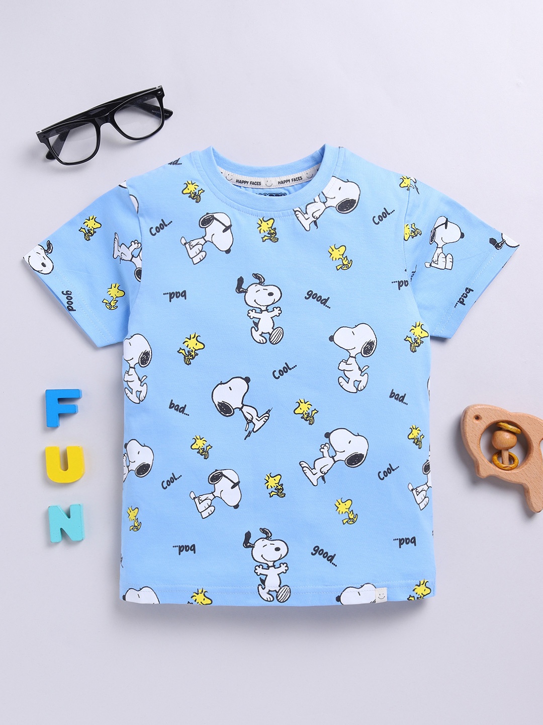 

Happy Faces Boys Pure Cotton Snoopy Printed T-shirt, Blue