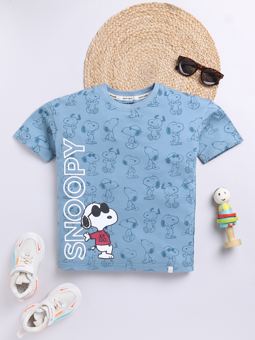 

Happy Faces Boys Pure Cotton Snoopy Printed T-shirt, Blue