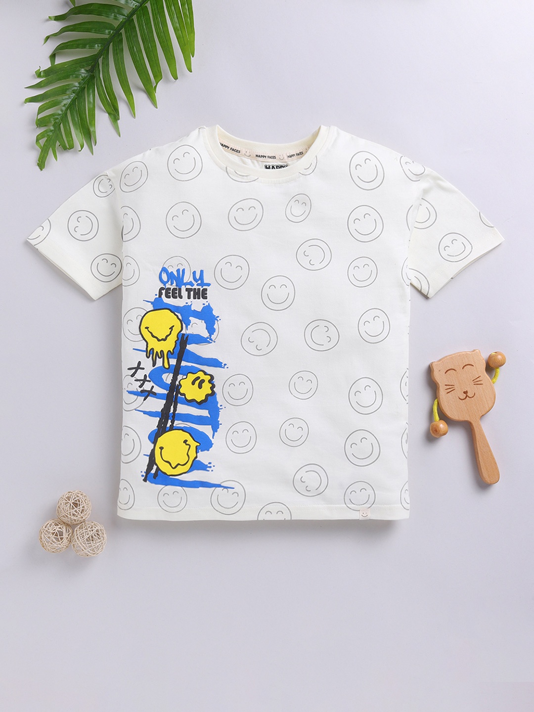 

Happy Faces Boys Pure Cotton Typography Printed T-shirt, Off white