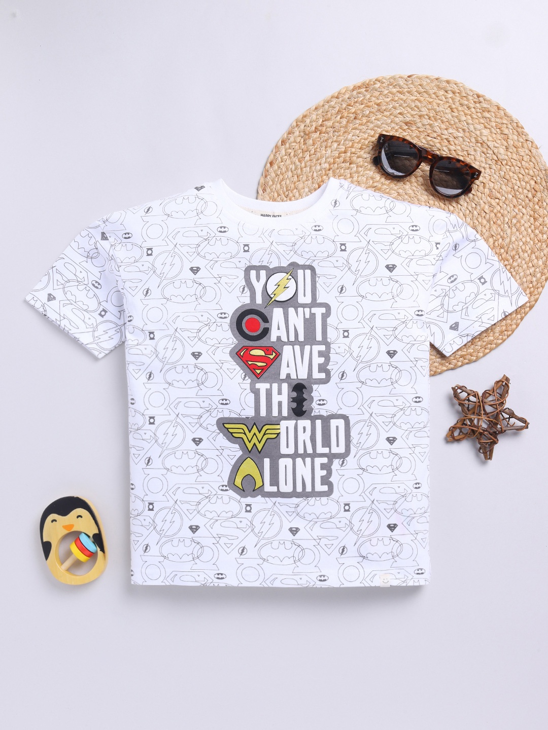 

Happy Faces Boys Pure Cotton Typography Justice League Printed T-shirt, White