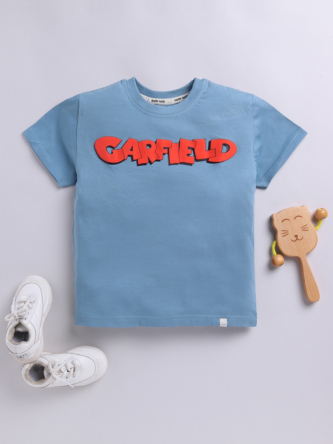 Happy Faces Boys Pure Cotton Typography Garfield Printed T-shirt, Blue