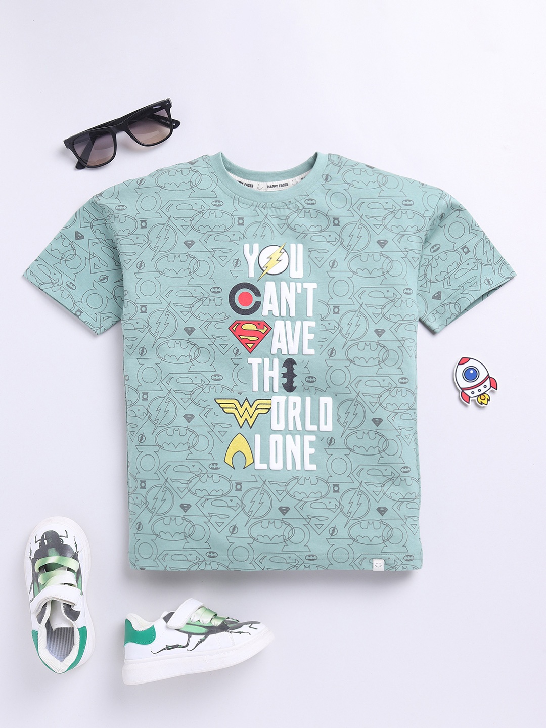 

Happy Faces Boys Pure Cotton Typography Justice League Printed T-shirt, Green