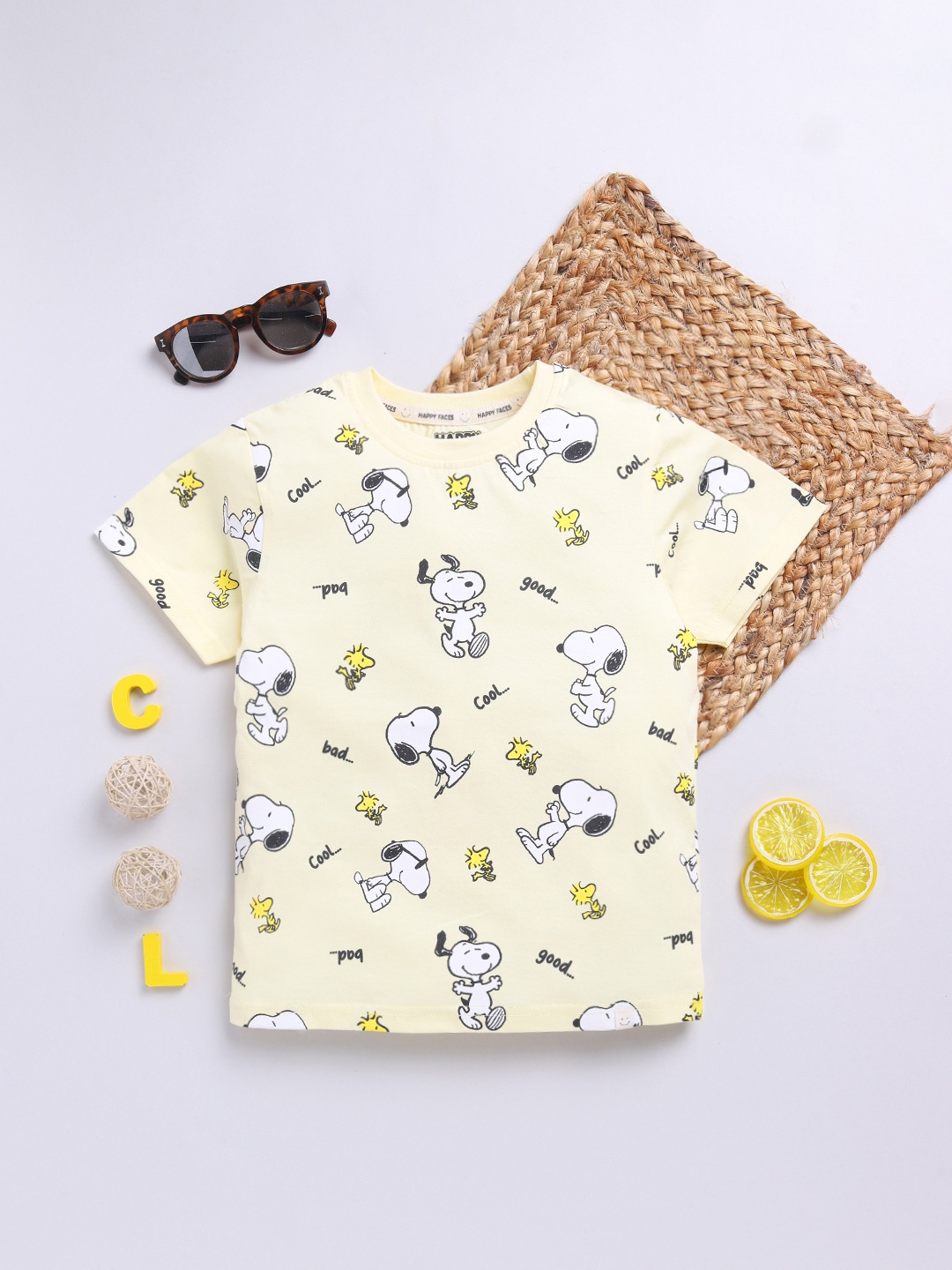 

Happy Faces Boys Pure Cotton Snoopy Printed T-shirt, Yellow