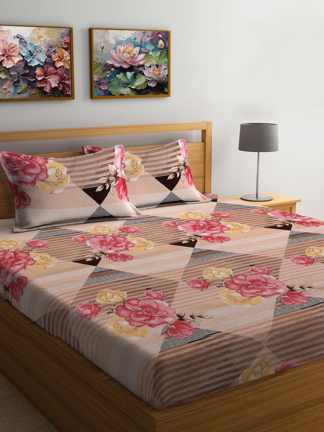 

FABINALIV Brown & Cream Floral 300 TC King Bedsheet With 2 Pillow Covers, Pink