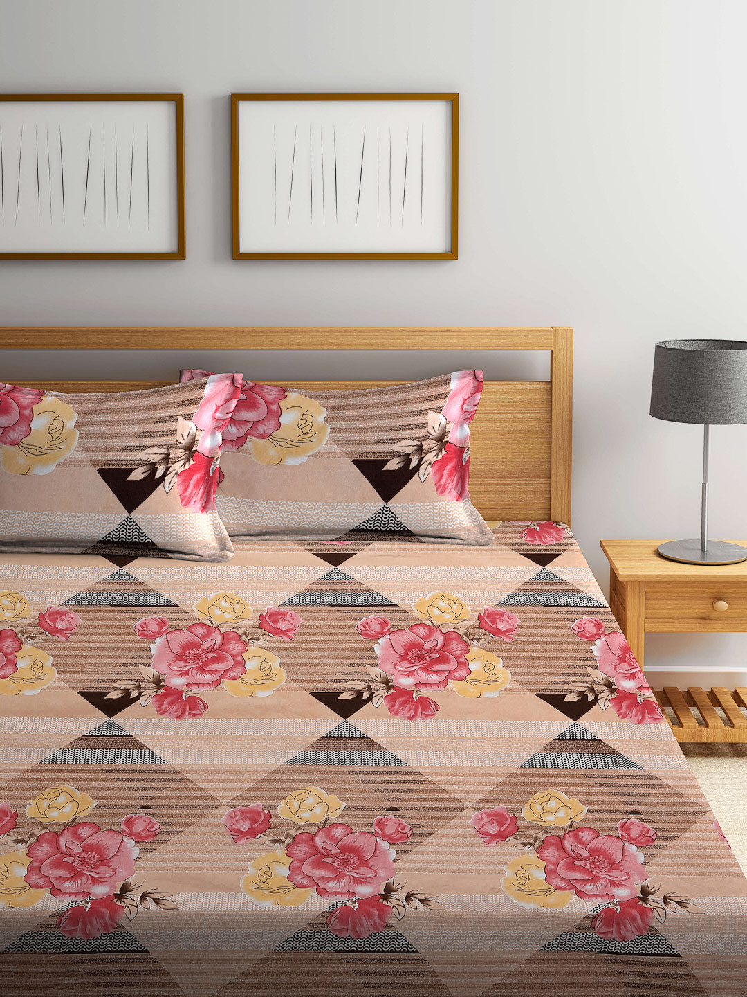 

FABINALIV Brown & Cream Floral 300 TC King Bedsheet With 2 Pillow Covers, Pink
