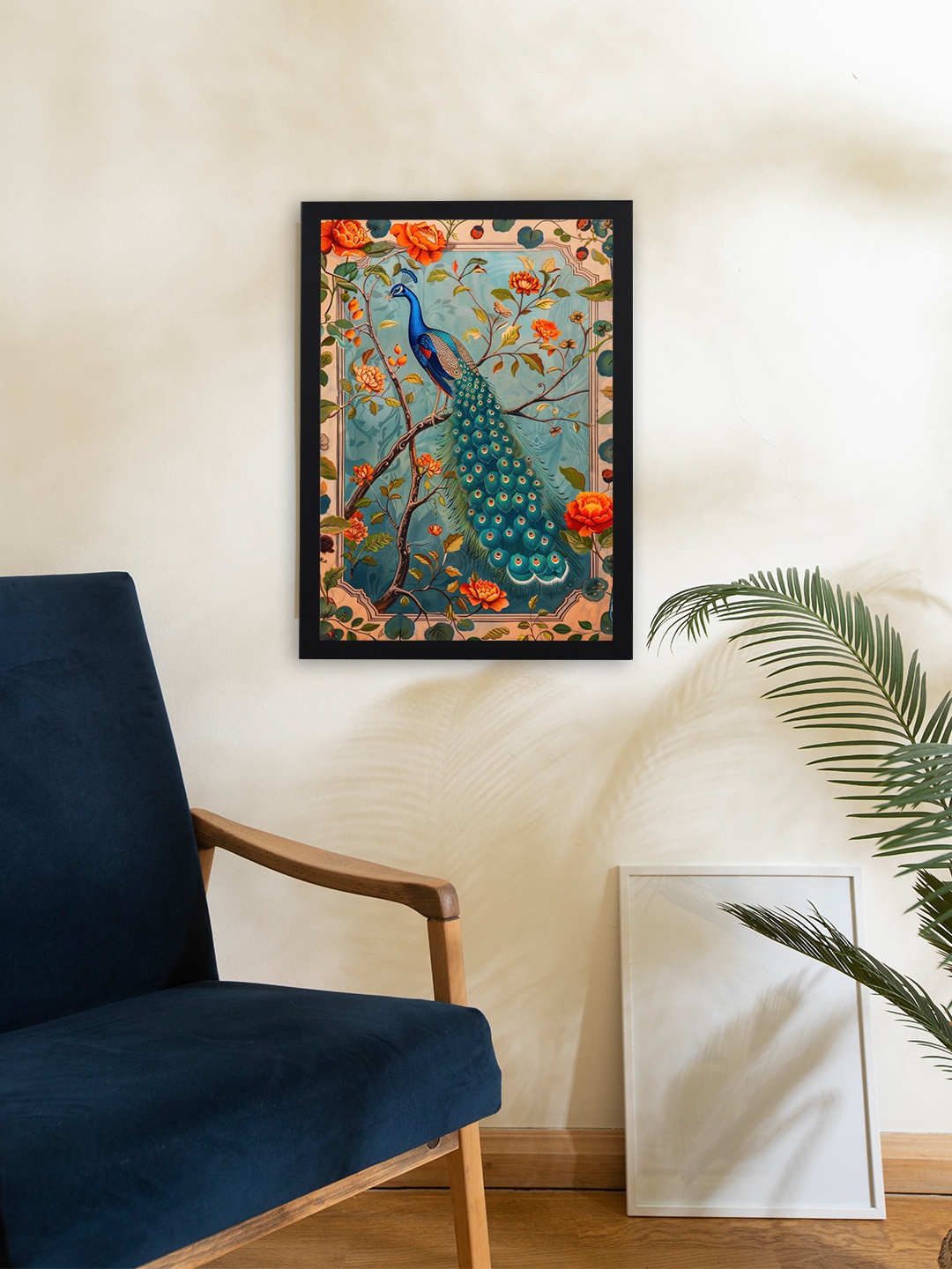 

Giftii Green & Orange Colored Peacock Printed Wooden Framed Wall Art