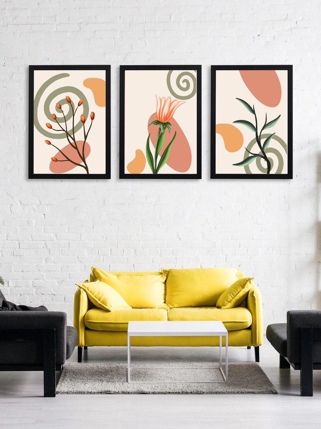

Giftii 3-Pcs Cream-Coloured & Green Printed Wooden Framed Wall Art