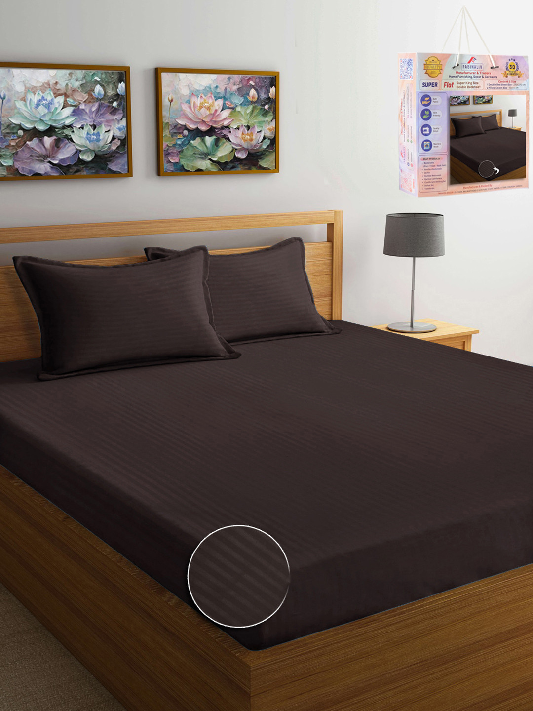 

FABINALIV Coffee Brown Striped 300 TC King Bedsheet With 2 Pillow Covers